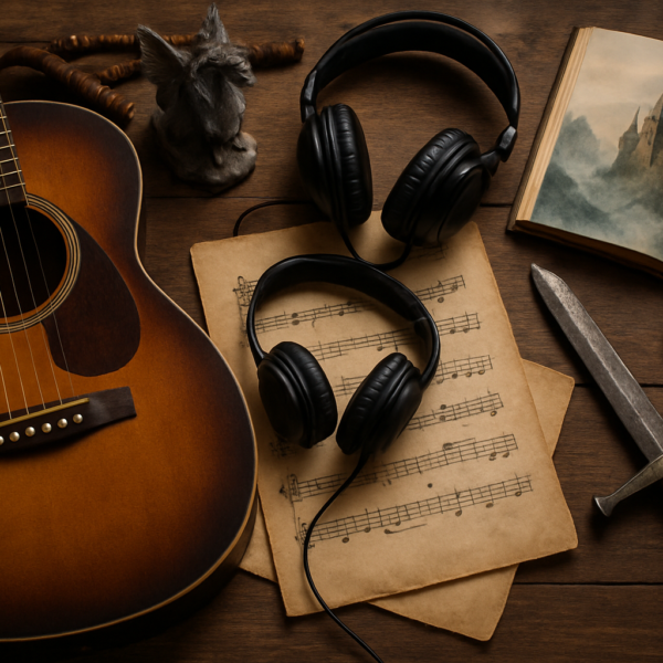 Muzyk folk metalowy z lutnią i gitarą elektryczną na tle epickiego fantasy świata z zamkiem i smokiem