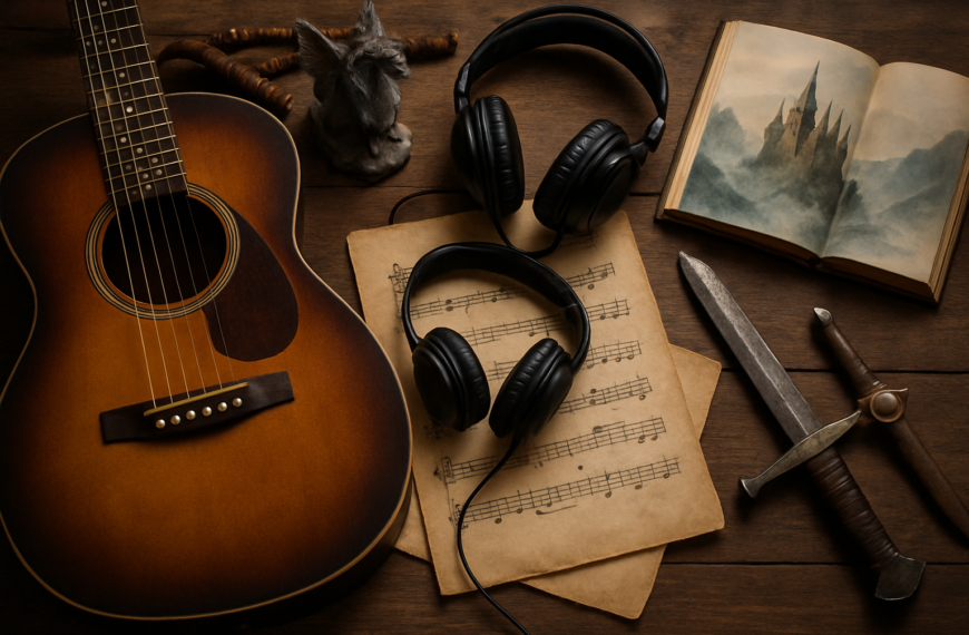 Muzyk folk metalowy z lutnią i gitarą elektryczną na tle epickiego fantasy świata z zamkiem i smokiem