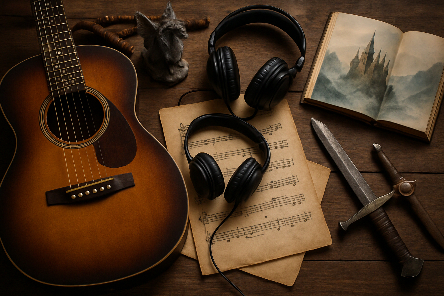 Muzyk folk metalowy z lutnią i gitarą elektryczną na tle epickiego fantasy świata z zamkiem i smokiem