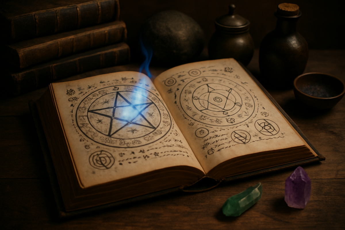 Ilustracja przedstawiająca magów i symbole żywiołów: ognia, wody, ziemi i powietrza, otoczonych tajemniczymi runami i magiczną aurą, symbolizująca różne rodzaje magii fantasy