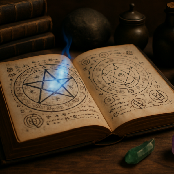 Ilustracja przedstawiająca magów i symbole żywiołów: ognia, wody, ziemi i powietrza, otoczonych tajemniczymi runami i magiczną aurą, symbolizująca różne rodzaje magii fantasy