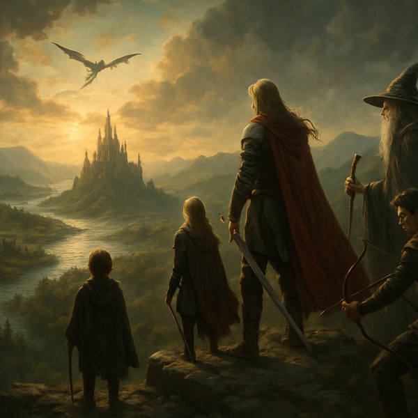 Trójka bohaterów fantasy – rycerz, czarodziejka i łucznik – patrzy na smoka szybującego nad zamkiem w epickim krajobrazie