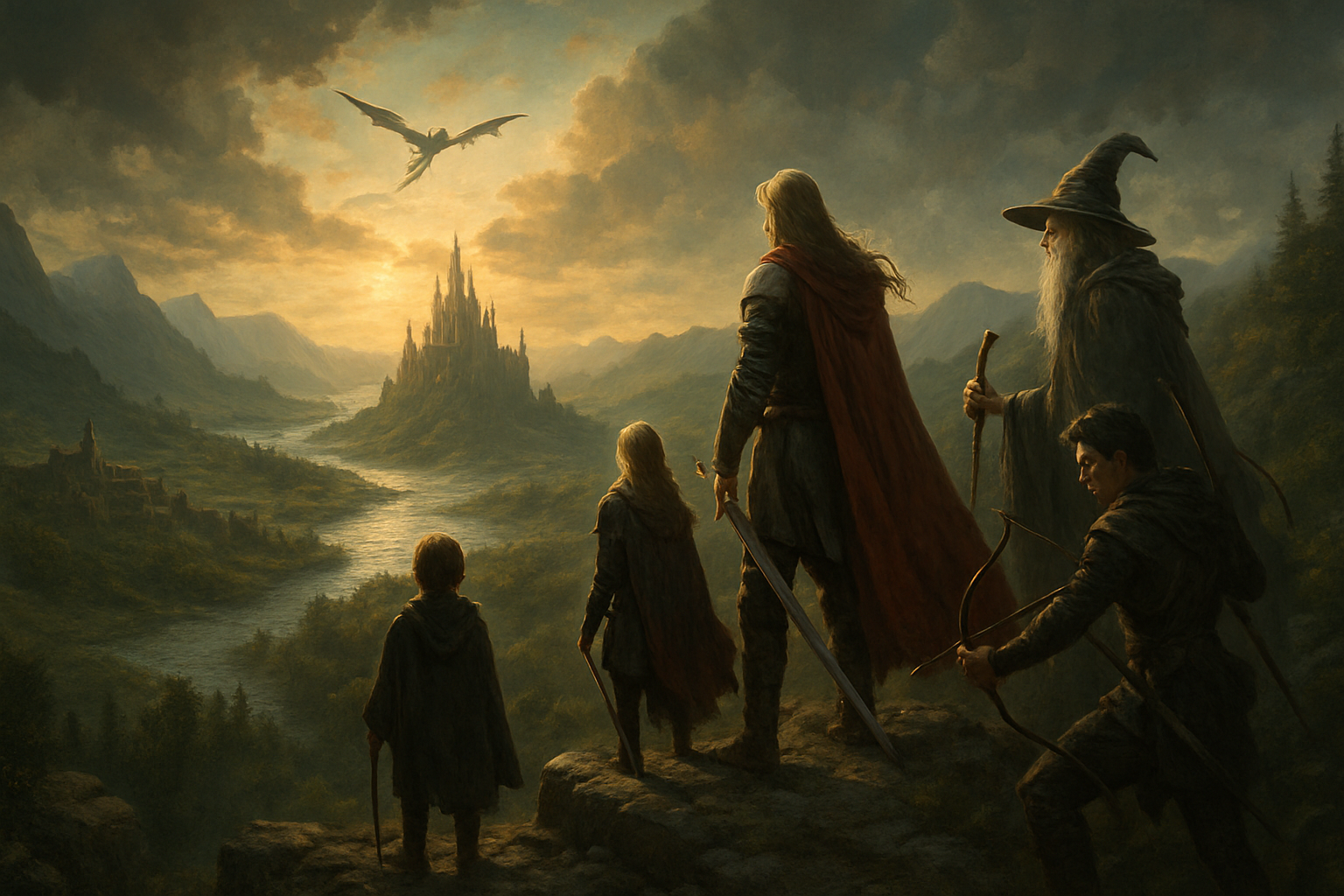 Trójka bohaterów fantasy – rycerz, czarodziejka i łucznik – patrzy na smoka szybującego nad zamkiem w epickim krajobrazie