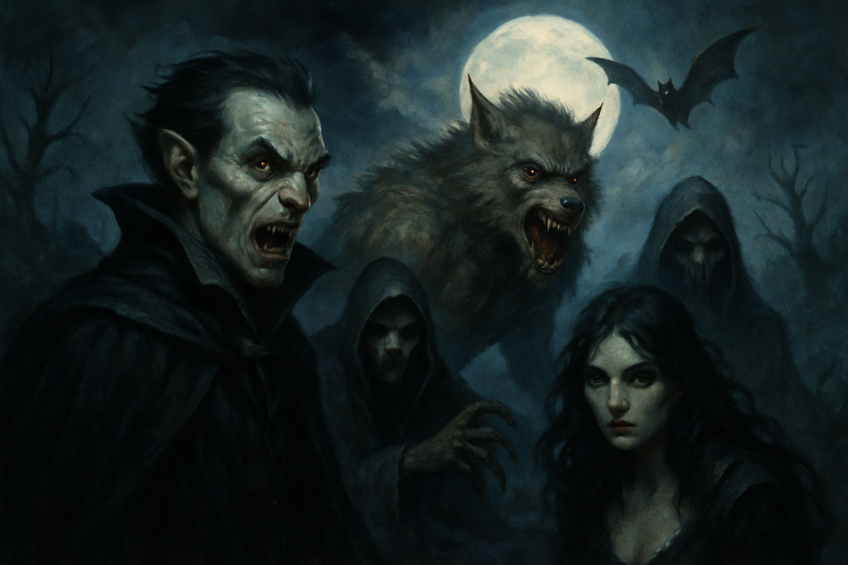 Nocny pejzaż fantasy z gotyckim zamkiem, na pierwszym planie wampir w czerwonej pelerynie, wilkołak i cienie innych istot nocy