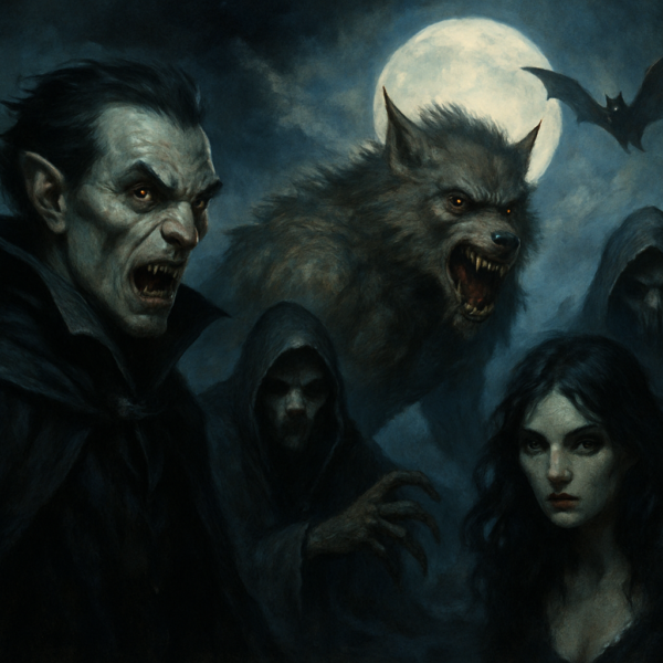Nocny pejzaż fantasy z gotyckim zamkiem, na pierwszym planie wampir w czerwonej pelerynie, wilkołak i cienie innych istot nocy