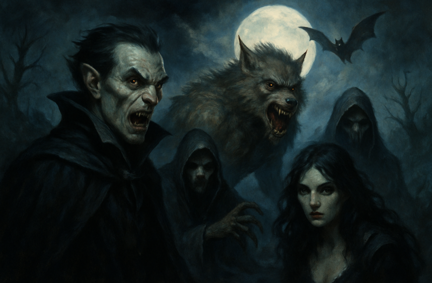 Nocny pejzaż fantasy z gotyckim zamkiem, na pierwszym planie wampir w czerwonej pelerynie, wilkołak i cienie innych istot nocy