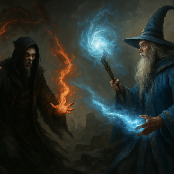 Dwie postaci fantasy obok siebie: czarnoksiężnik w ciemnej szacie trzymający magiczną kulę i mag w jasnoniebieskiej szacie wyciągający rękę z płonącym zaklęciem, na tle runicznych symboli