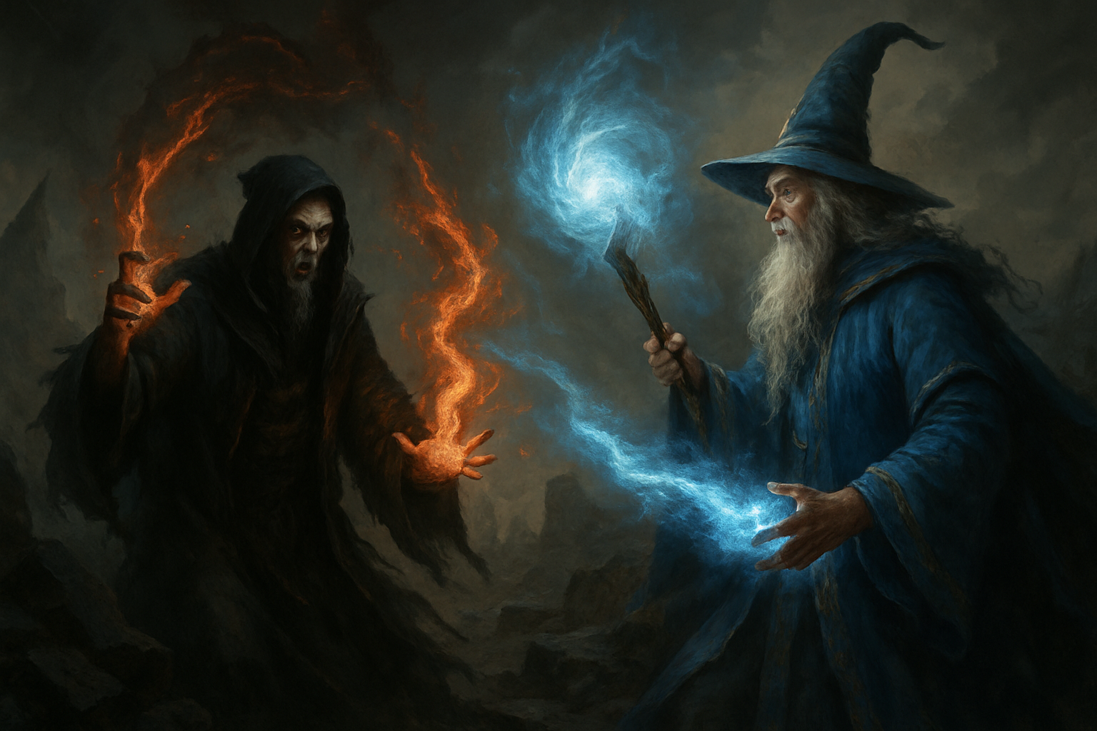 Dwie postaci fantasy obok siebie: czarnoksiężnik w ciemnej szacie trzymający magiczną kulę i mag w jasnoniebieskiej szacie wyciągający rękę z płonącym zaklęciem, na tle runicznych symboli