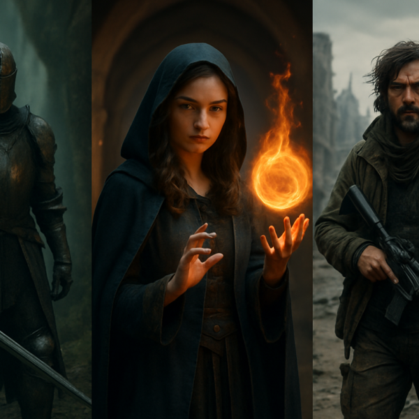 Kolaż ilustracji przedstawiający nowoczesne odmiany fantasy: miejski fantasy z neonowymi ulicami, epicką fantasy ze smokami i rycerzami, dark fantasy w mrocznych zamkach oraz steampunkowe maszyny