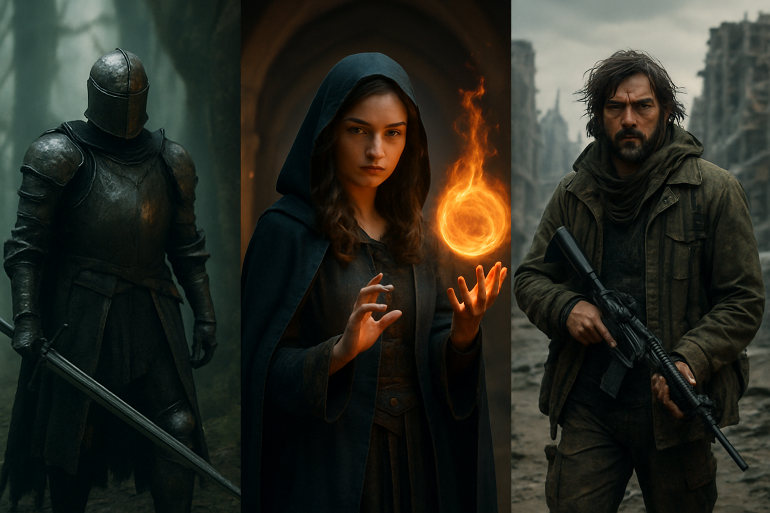 Kolaż ilustracji przedstawiający nowoczesne odmiany fantasy: miejski fantasy z neonowymi ulicami, epicką fantasy ze smokami i rycerzami, dark fantasy w mrocznych zamkach oraz steampunkowe maszyny
