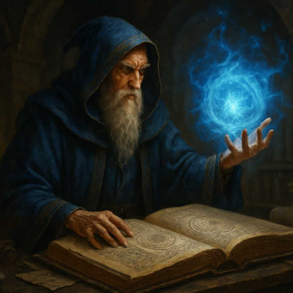 Otwarta księga na drewnianym stole z unoszącymi się świetlistymi runicznymi symbolami i magicznym kręgiem