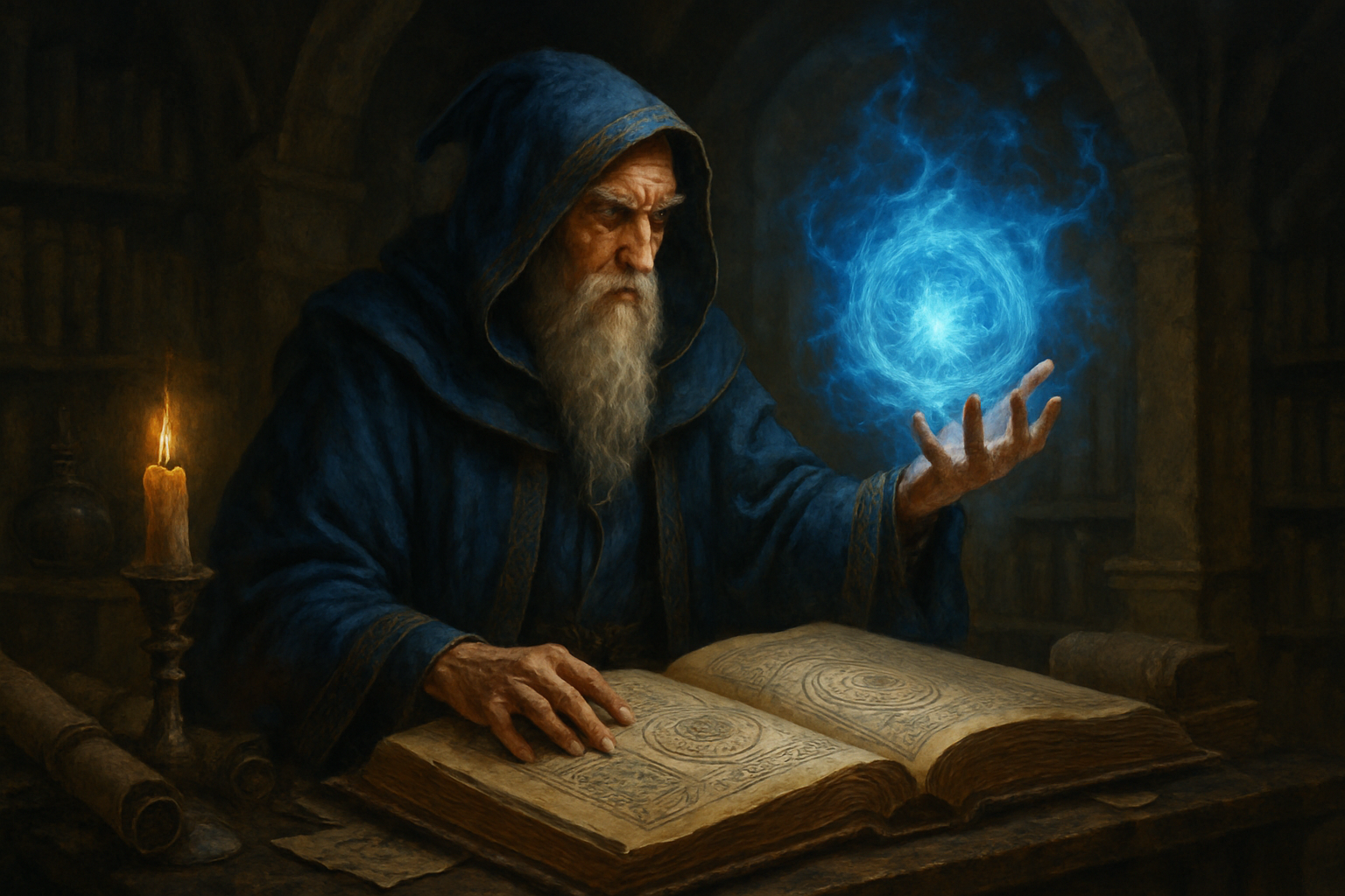 Otwarta księga na drewnianym stole z unoszącymi się świetlistymi runicznymi symbolami i magicznym kręgiem