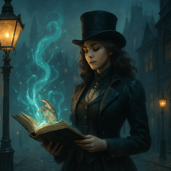 Postać w wiktoriańskim płaszczu trzymająca lampę gazową na tle parowej machiny i gotyckiej architektury, emanująca mistycznym klimatem alternatywnej historii Gaslamp Fantasy