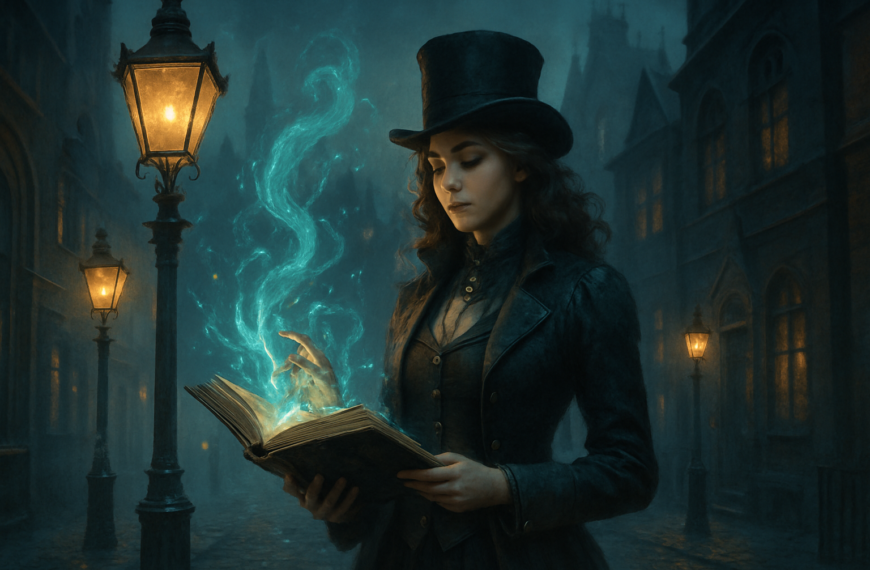 Postać w wiktoriańskim płaszczu trzymająca lampę gazową na tle parowej machiny i gotyckiej architektury, emanująca mistycznym klimatem alternatywnej historii Gaslamp Fantasy