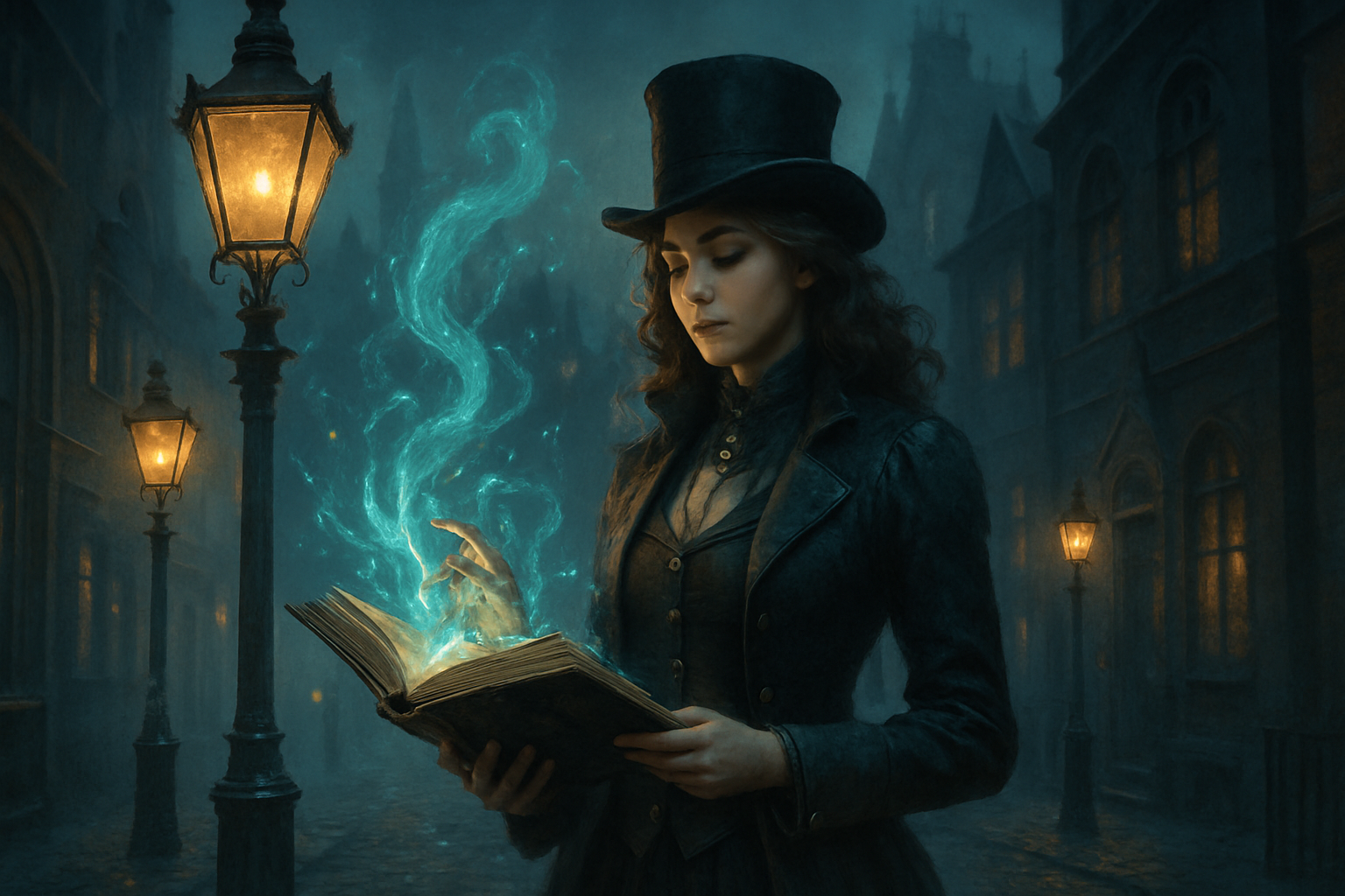Postać w wiktoriańskim płaszczu trzymająca lampę gazową na tle parowej machiny i gotyckiej architektury, emanująca mistycznym klimatem alternatywnej historii Gaslamp Fantasy