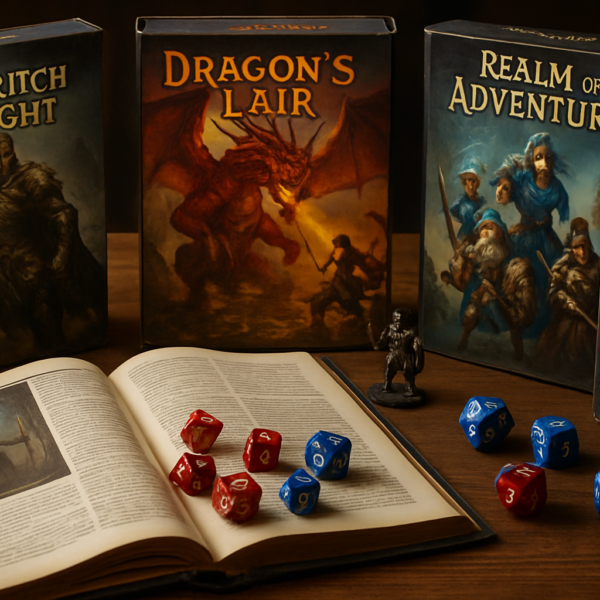 Kolaż sylwetek rycerza, czarodzieja i smoka na tle średniowiecznego zamku symbolizujący najlepsze gry RPG fantasy wszech czasów