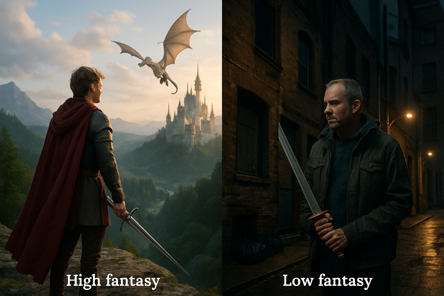 Majestatyczny zamek w chmurach po lewej stronie i szara realistyczna uliczka po prawej symbolizujące high fantasy i low fantasy