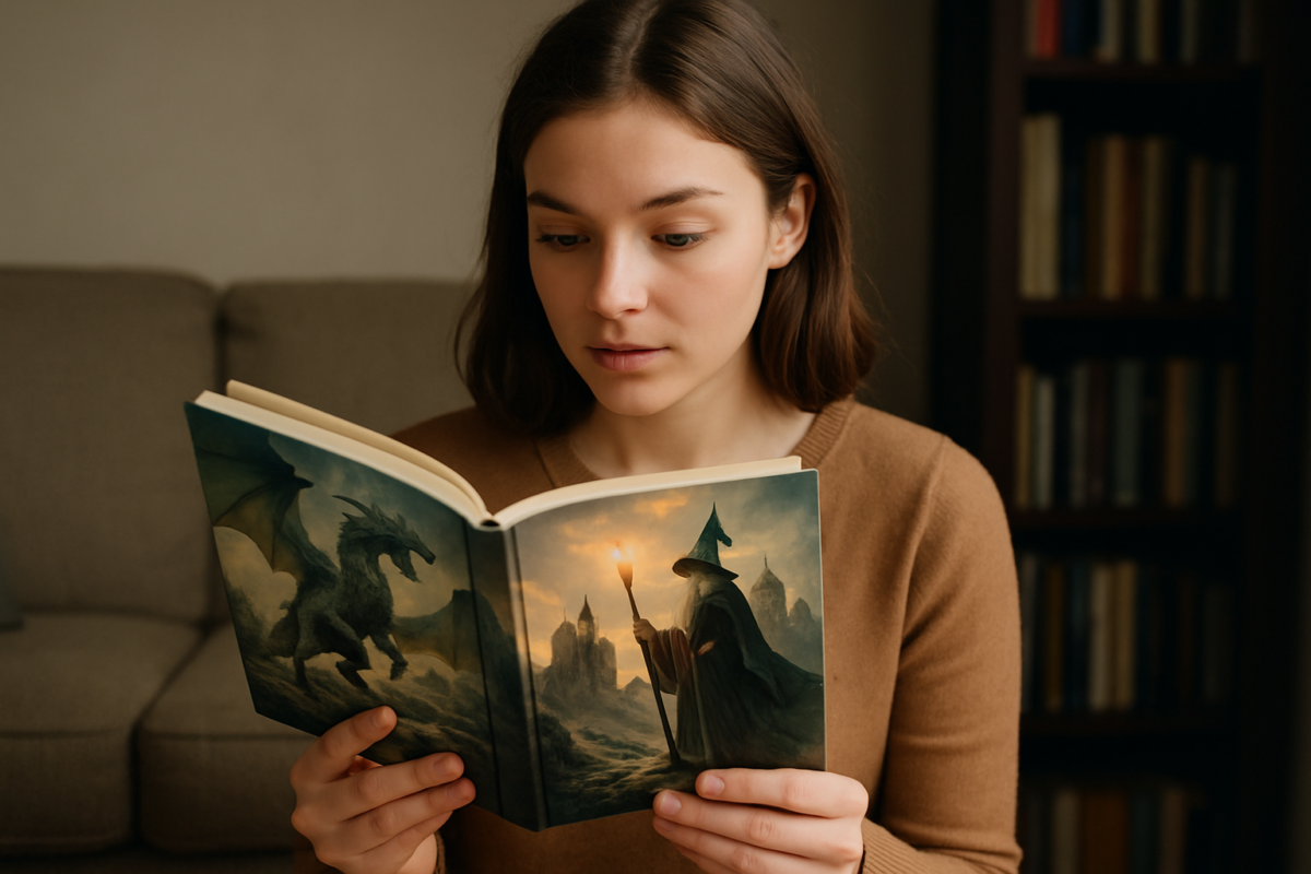 Osoba czytająca dużą księgę fantasy przy lampie, z mapą magicznej krainy i unoszącymi się runami w tle