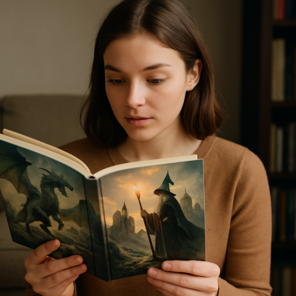 Osoba czytająca dużą księgę fantasy przy lampie, z mapą magicznej krainy i unoszącymi się runami w tle